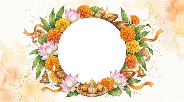Watercolor Diwali frame with marigold flowers, lotus, diya lamps and modak sweets