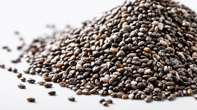Pile of healthy chia seeds isolated on white background