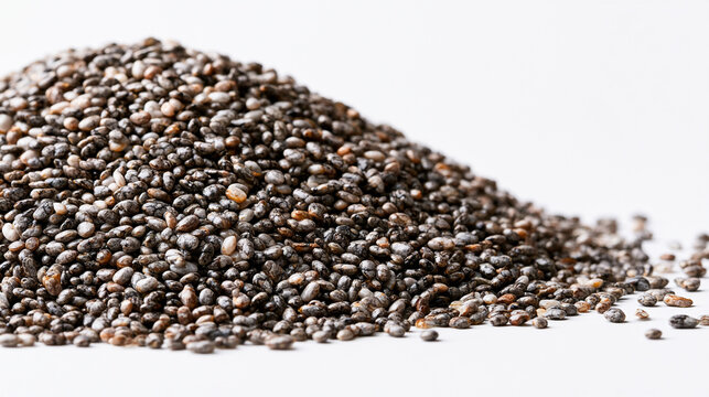 A pile of healthy chia seeds isolated on white background