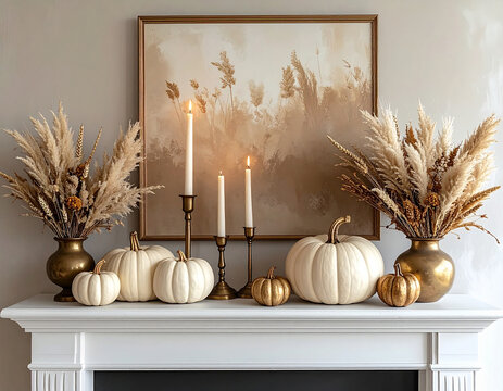 Elegant autumn mantelpiece decor white pumpkins burning candles brass candlesticks pampas grass vases neutral cozy interior styling seasonal holiday display