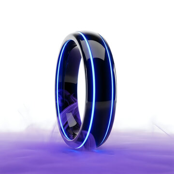 Modern black titanium ring with a thin glowing blue light stripe for men and wedding fashion