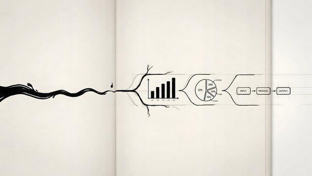 Ink stream transforming into data visualizations - Great for business infographics and planning.