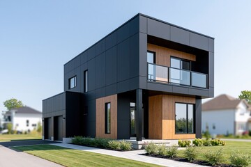 Fototapeta premium Modern Architectural Residence with Sleek Black and Wood Exterior Design