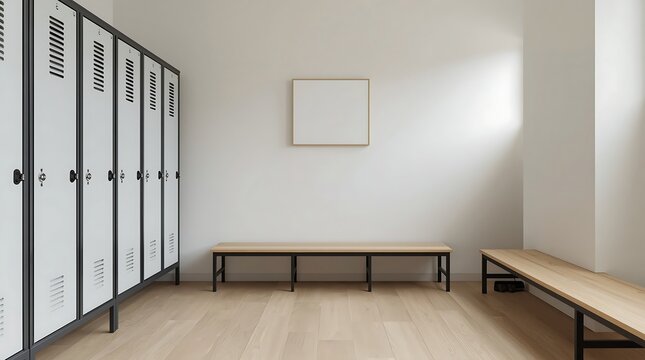 Empty modern locker room with benches and lockers.