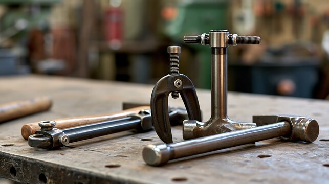Close up of vintage metalworking tools and clamps resting on a workbench in a workshop