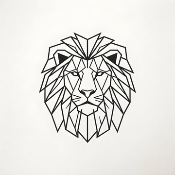  Minimal geometric lion head outline logo with angular polygon mane, centered front-facing expression, clean black line strokes, symmetrical low-poly structure, and modern animal emblem design on whit