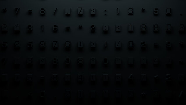 Close-Up of Textured Dark Surface with 3D Mosaic-Like Characters and Buttons for UX Design and Digital Interface Projects