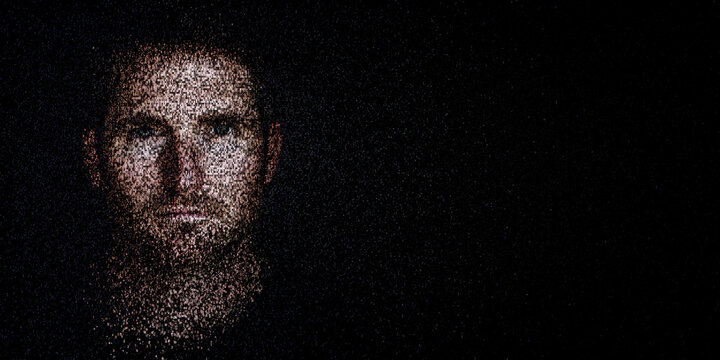 Digital ID Portrait of Man with Face made up of Computer code. Government ID system Concept with copy-space.
