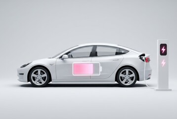 Fototapeta premium White Electric Vehicle Charging at Station with Low Battery Icon Overlay on Clean Background