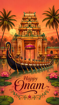 Men rowing long wooden boat near a majestic temple at sunset to celebrate happy onam the religious south indian festival in kerala