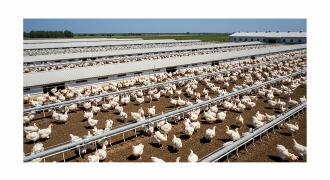 Expansive modern poultry farm with thousands of chickens housed in large industrial buildings under a clear sky