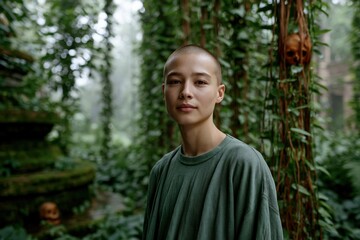 Naklejka premium Smiling youth portrait among lush vines and mossy ruins in foggy jungle for natural background and poster use