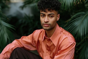 Fototapeta premium Male closeup portrait among tropical foliage with soft natural light for editorial portrait and lifestyle banner design