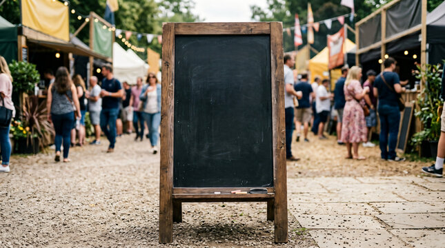 Blank wooden chalkboard standing in the middle of a crowded outdoor festival