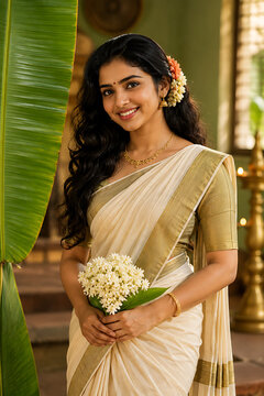Pretty lady wearing traditional white saree while holding fresh flowers to celebrate happy onam tradition during major south indian festival in kerala