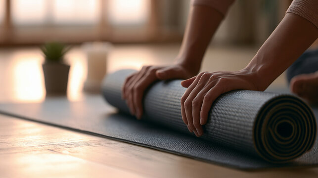 Person rolling up a yoga mat after exercise