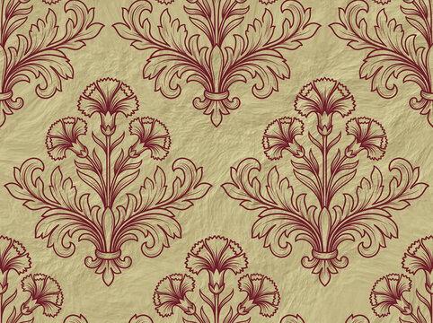Damask pattern floral background in texture vintage seamless of ornamental leaf ornament decorative flower classic botanical element wallpaper red gold elegant motif