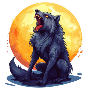 Spooky Howling Wolf with Glowing Eyes and Full Moon Transparent PNG Illustration