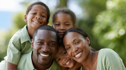 Fototapeta premium Happy African American Family Smiling Together Outdoors in Sunny Greenery