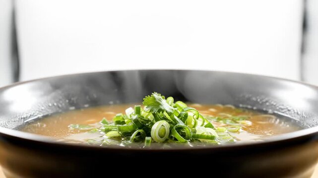Hot steaming bowl of ramen soup with fresh green scallions and cilantro garnish, close-up, comforting meal
