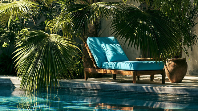 Luxury poolside lounge chair with bright blue cushions