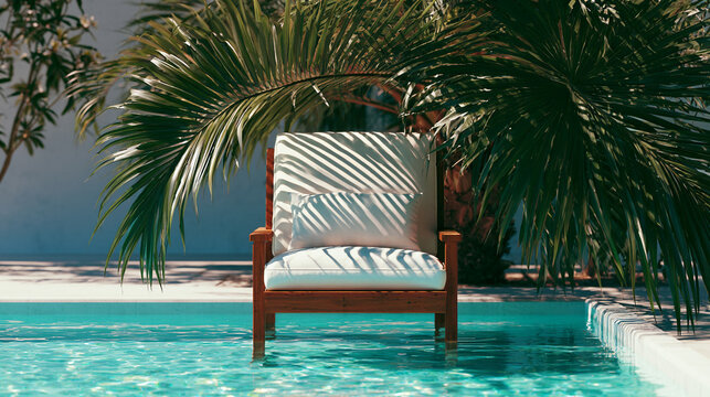 Wooden armchair with white cushions in a swimming pool