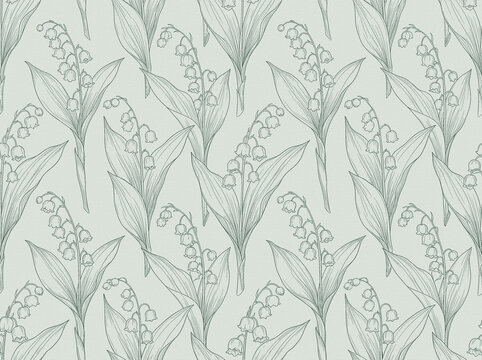 Pattern floral lily valley in background botanical vintage of texture flower seamless wallpaper green mint illustration sketch retro plant leaf nature drawing