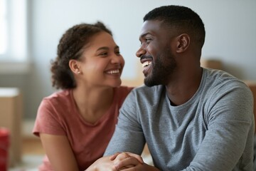 Fototapeta premium Happy multiracial couple sharing a joyful moment, looking at each other with smiles and affection
