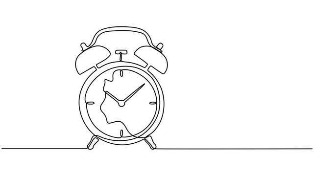 Video continuous one line of a clock on white background. 4K, Continuous one line drawing of vintage alarm clock motion design. Single line art animation on the theme of time, deadline, morning, time 
