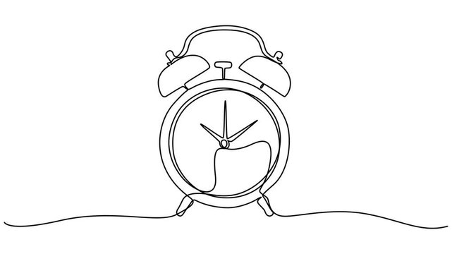 Video continuous one line of a clock on white background. 4K, Continuous one line drawing of vintage alarm clock motion design. Single line art animation on the theme of time, deadline, morning, time 