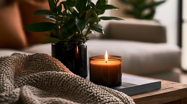 A warm lit candle sits beside a potted plant and knitted blanket on a wooden table in a cozy living room setting