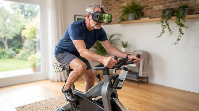 Active man exercises on an indoor cycling bike wearing a VR headset inside his home.