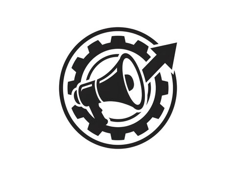 Marketing icon with megaphone and gears black vector illustration on a white background