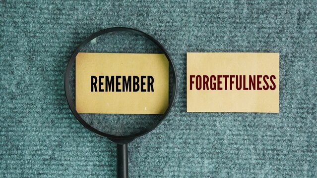 A magnifying glass with the words Remember and Forgetfulness. They are opposite sides of how our human memory works