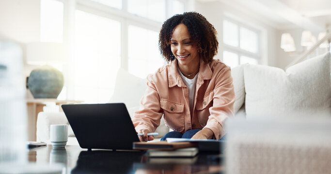 Finance, sofa and happy woman with laptop in home for budget planning, expenses or bills. Smile, mature person or financial investment on computer for accounting, audit or asset management in house