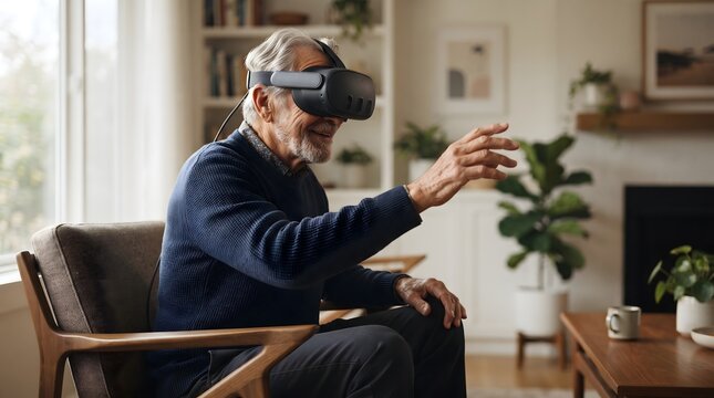 Senior man wears a virtual reality headset while sitting in a chair inside a living room setting.