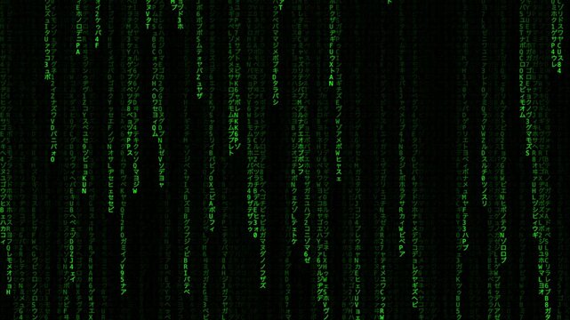 Digital Green Data Stream Falling Rain Background with Cybernetic Coding Animation Effect