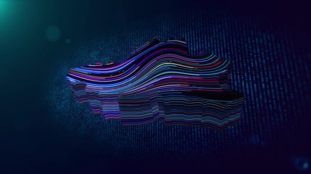 Modern animated Belgium map reveal featuring glowing colorful wavy lines, 3D extruded shape, digital particle grid, cinematic lighting, and Belgium text reveal on a futuristic technology background.