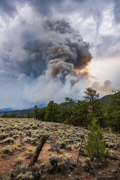 Huge smoke plume from a wildfire over dry mountains