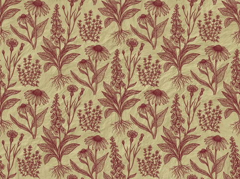 Floral pattern seamless botanical in background illustration flower of herb red leaf plant vintage nature repeat texture drawing engraving sketch garden line