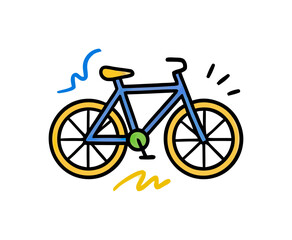 Fototapeta premium A cheerful blue bicycle with yellow wheels rides along with playful abstract shapes and lines