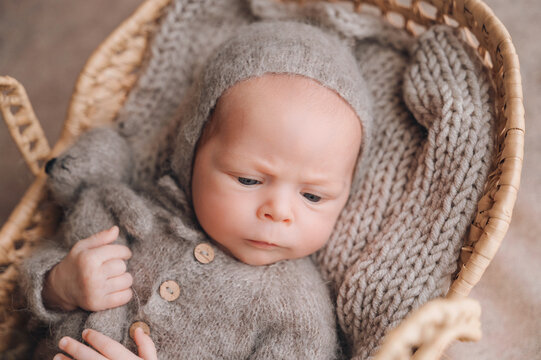 Newborn baby in a knit bear outfit in a basket