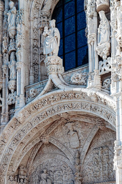 Intricate carved stone details on historic monastery