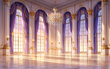Fototapeta premium Drawing of a palace room or royal castle ballroom in a modern style with windows, drapes, columns, and gold