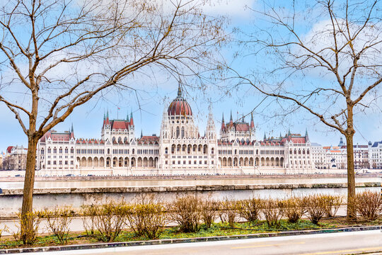 Hungarian Parliament Building framed by winter trees