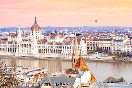 Budapest skyline with Parliament Building at sunset