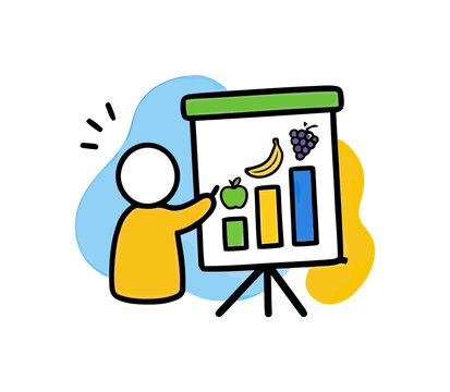 person presenting a healthy food nutrition chart with fruits and bar graphs while explaining dietary benefits