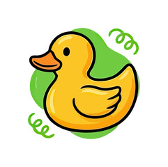 Fototapeta premium A cute yellow rubber duck floats happily with green swirls around it