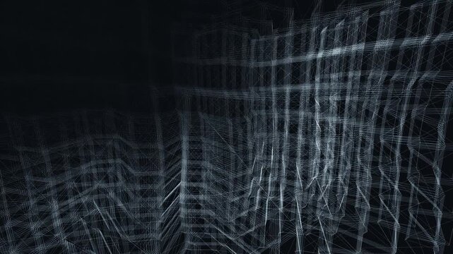 An abstract 3D lattice network of cyan lines and nodes seamlessly evolving between structured grid layers and flowing topographic geometric traces on a dark background.