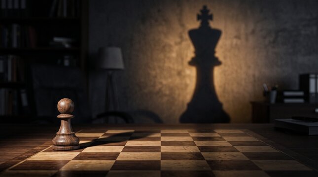 3D Chess Pawn Casting King Shadow Blurred Dark Office